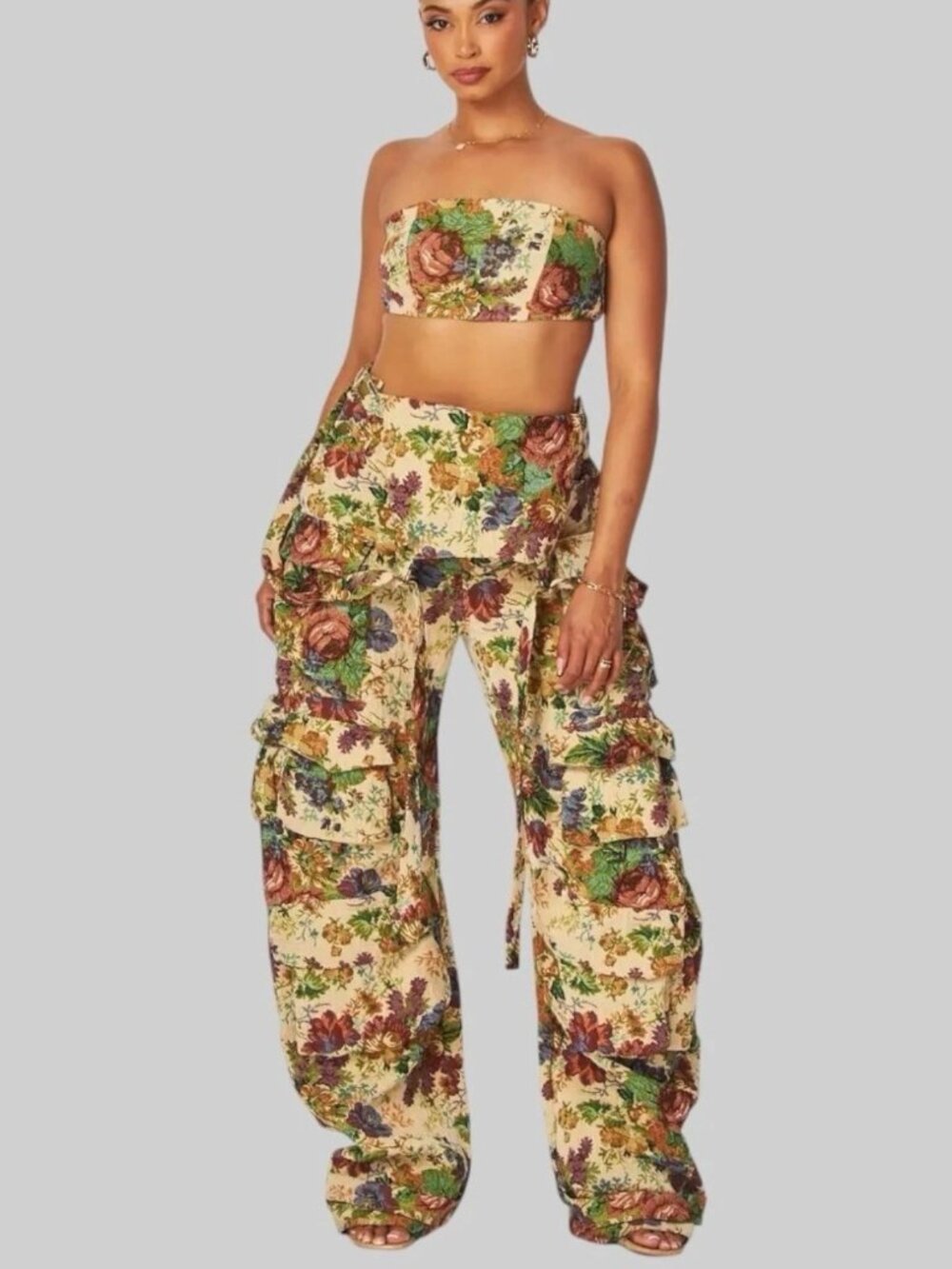 Tapestry Jacquard Cargo Overall Jumpsuit Floral Beige Size S Relax Loose Fit - Picture 5 of 16